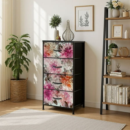 4 Drawer Vertical Storage Dresser beautiful flowers B with Wood Top Fabric Pull Drawers