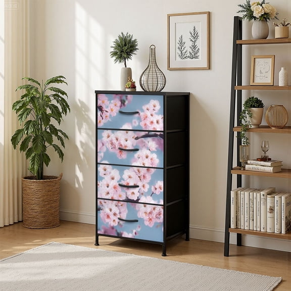 4 Drawer Vertical Storage Dresser branches pink Japanese cherry flower blue random with Wood Top Fabric Pull Drawers
