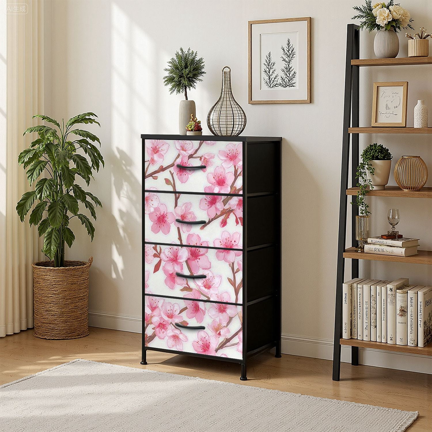 4 Drawer Vertical Storage Dresser cherry flowers buds Pink