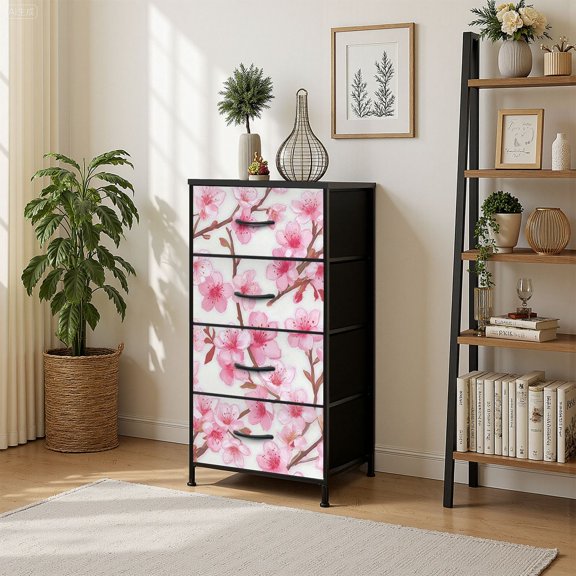 4 Drawer Vertical Storage Dresser cherry flowers buds Pink blooming flowers with Wood Top Fabric Pull Drawers