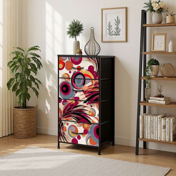 4 Drawer Vertical Storage Dresser curved geometric shapes multicolor circles with Wood Top Fabric Pull Drawers