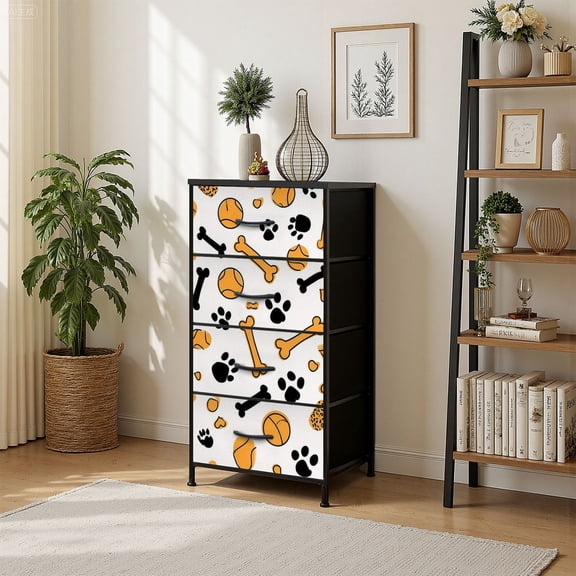 4 Drawer Vertical Storage Dresser dog bones paw prints balls hearts Dog texture Hand with Wood Top Fabric Pull Drawers