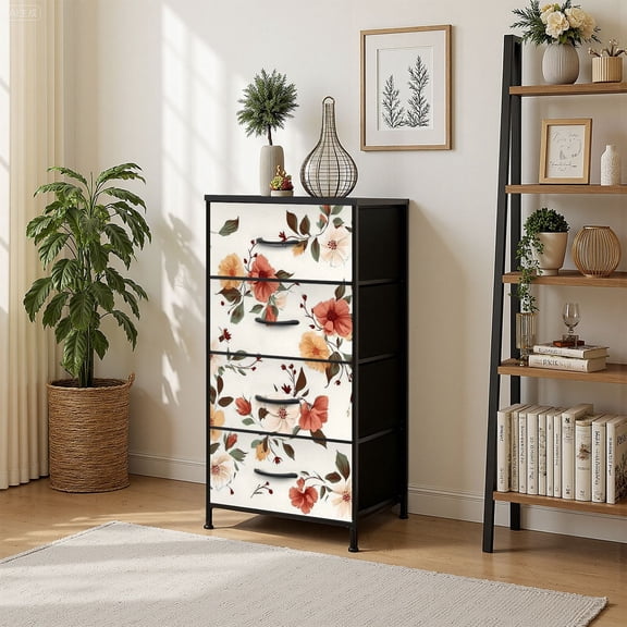 4 Drawer Vertical Storage Dresser floral abstract print vintage style old botanical with Wood Top Fabric Pull Drawers