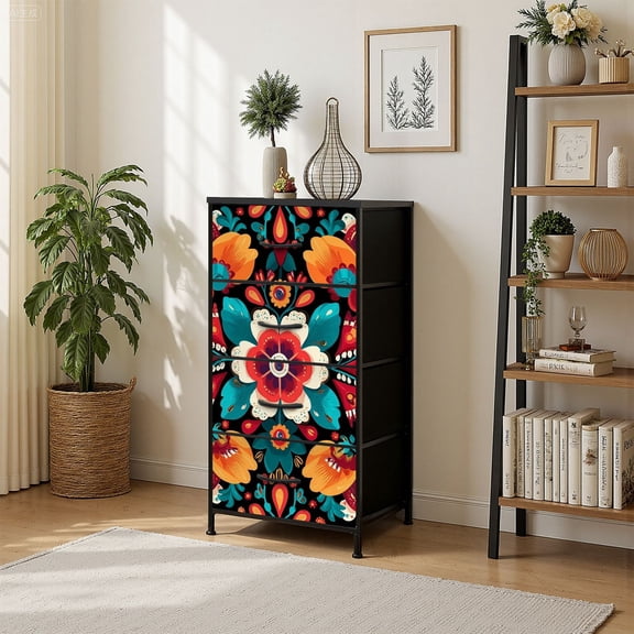 4 Drawer Vertical Storage Dresser flowers hearts for with Wood Top Fabric Pull Drawers