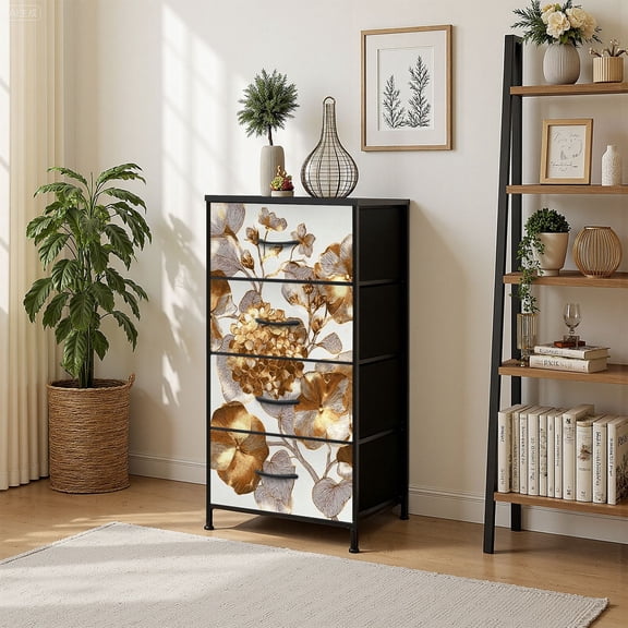 4 Drawer Vertical Storage Dresser gold Hydrangea Cherry flowers with Wood Top Fabric Pull Drawers