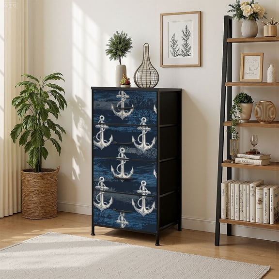 4 Drawer Vertical Storage Dresser hand drawn anchors Sea with Wood Top Fabric Pull Drawers