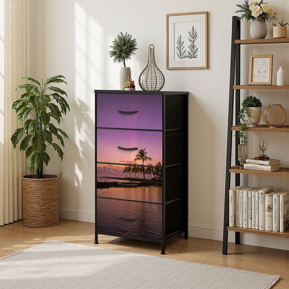 4 Drawer Vertical Storage Dresser hawaiian sunset purple coconut trees royalty free with Wood Top Fabric Pull Drawers
