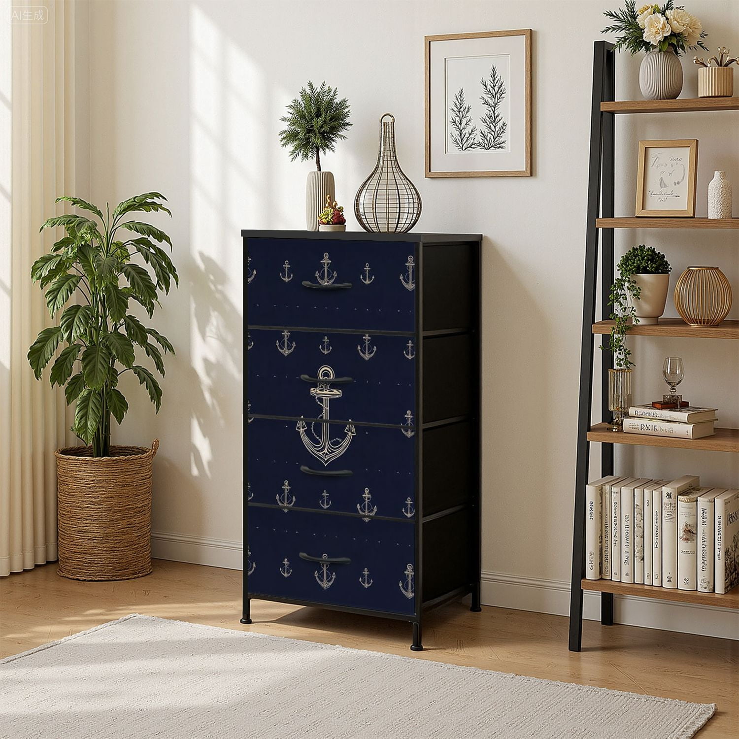 4 Drawer Vertical Storage Dresser with Wood Top Fabric Pull
