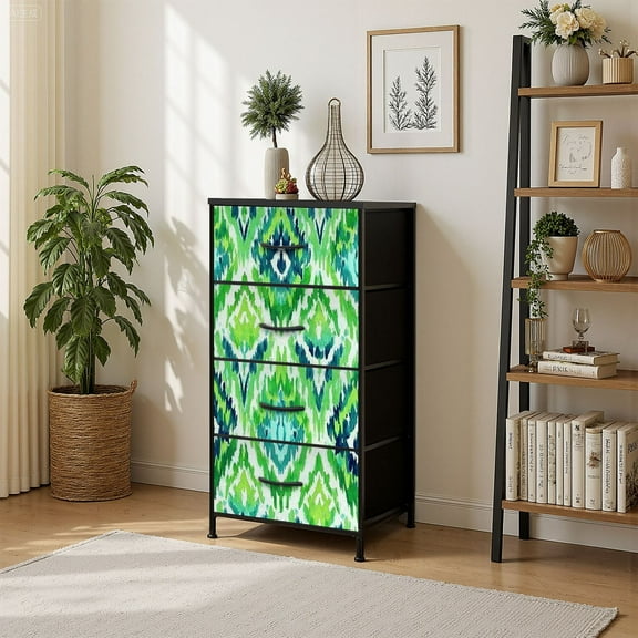 4 Drawer Vertical Storage Dresser ikat textile beautiful geometric abstract shapes with Wood Top Fabric Pull Drawers
