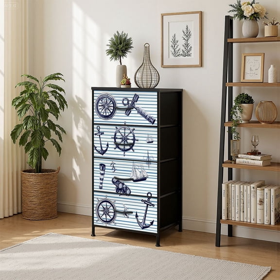 4 Drawer Vertical Storage Dresser maritime anchor wind rose wheel spyglass with Wood Top Fabric Pull Drawers