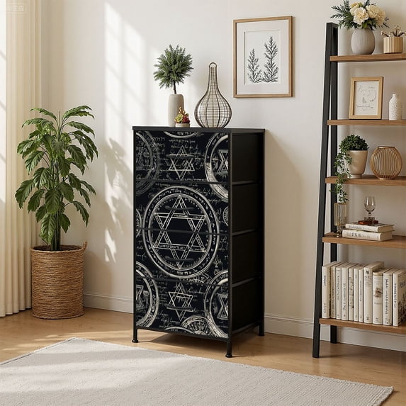 4 Drawer Vertical Storage Dresser mystic occult symbols pentacles black with Wood Top Fabric Pull Drawers