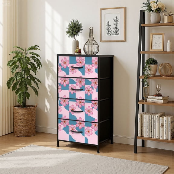 4 Drawer Vertical Storage Dresser pink cherry blossom flowers checked pink blue with Wood Top Fabric Pull Drawers