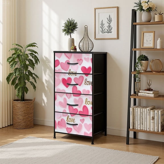 4 Drawer Vertical Storage Dresser pink hearts Valentines Day love with Wood Top Fabric Pull Drawers