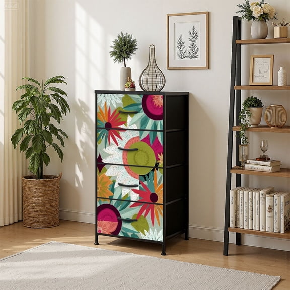 4 Drawer Vertical Storage Dresser psychedelic repeat textile fabric with Wood Top Fabric Pull Drawers