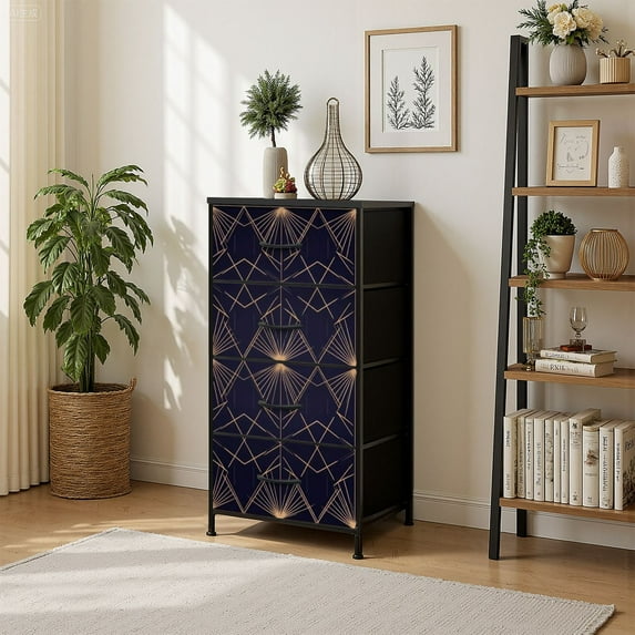 4 Drawer Vertical Storage Dresser retro art with Wood Top Fabric Pull Drawers