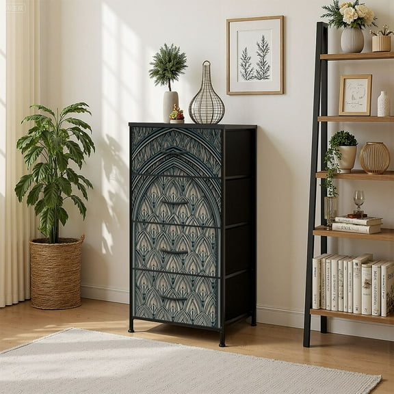 4 Drawer Vertical Storage Dresser seamless gothic style with Wood Top Fabric Pull Drawers