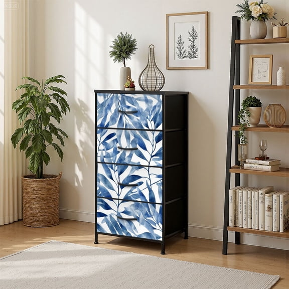 4 Drawer Vertical Storage Dresser tropical watercolor coconut palm leaves indigo blue with Wood Top Fabric Pull Drawers