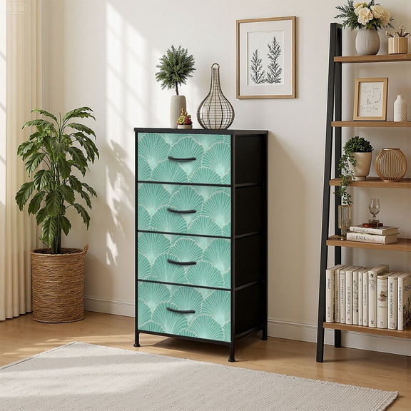 4 Drawer Vertical Storage Dresser turquoise japanese art floral waves with Wood Top Fabric Pull Drawers