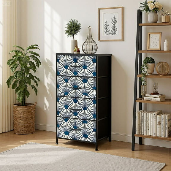 4 Drawer Vertical Storage Dresser vintage overlapping shells art with Wood Top Fabric Pull Drawers