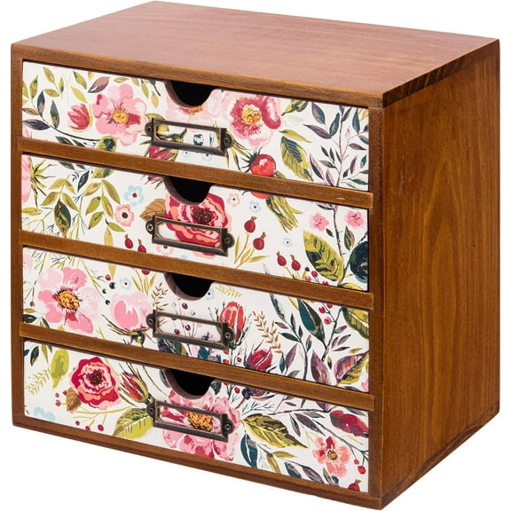 4-Drawer Vintage Desk Wood Storage Box With Drawers in Floral Chintz - Wooden Table Organizer I End Clutter & Dullness, Personalize Your Workspace - Beautiful Flower Design for Office & Home