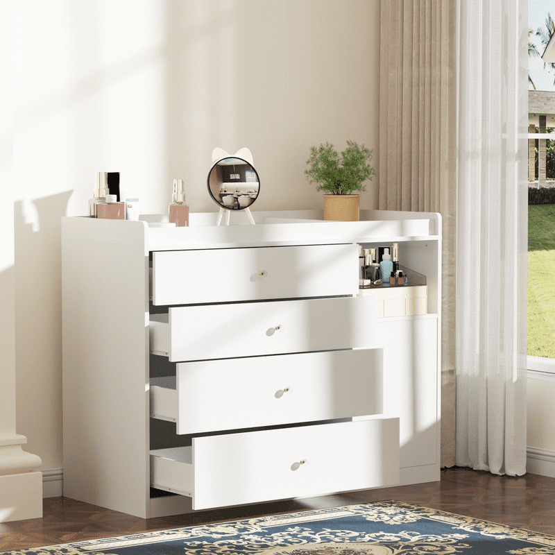 Cute White Dresser with 4 Drawer & Cupboard, Entryway, Cabinet Storage For Home Bedroom Bathroom main image 0