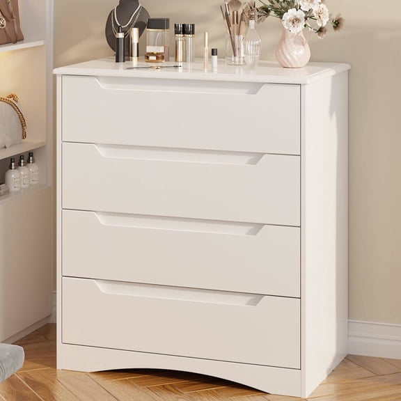 4-Drawer White Dresser for Bedroom, Sturdy Chest of Drawers with Anti-Tip Device, Modern Space-Saving Design, Embedded Handles