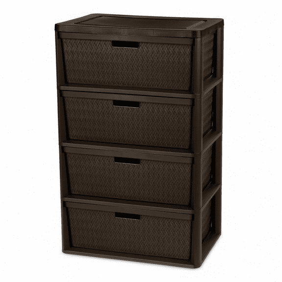 4-Drawer Wide Weave Plastic Storage Tower, Dark Brown, Pull Handles, Concealed Storage