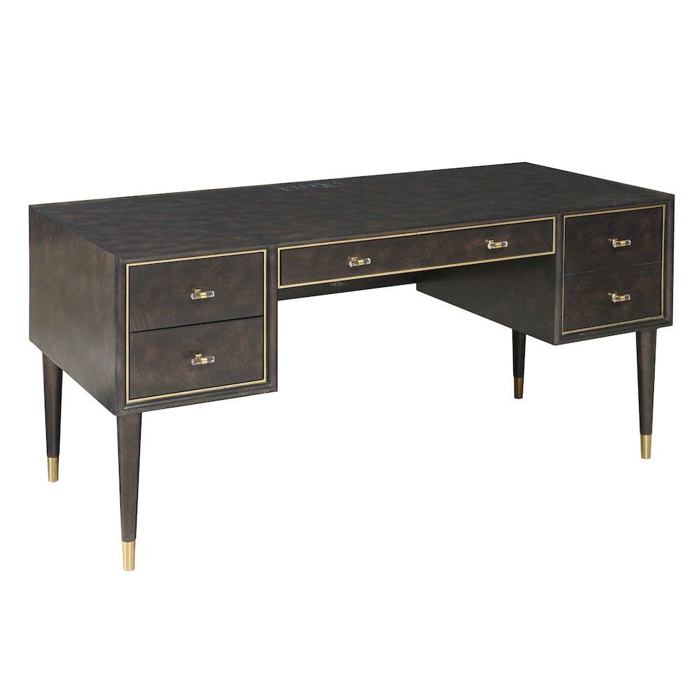 Chocolate Brown Burl Maple Wood 4-Drawer Desk with Charging Port