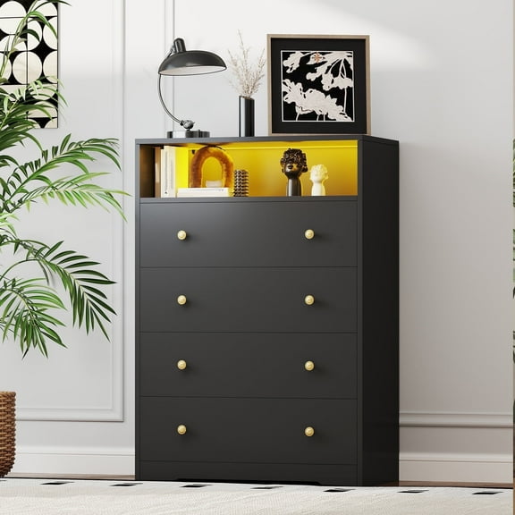 EnHomee 4-Drawer Wood Dresser for Bedroom with LED Lights,Modern Chest of Drawers Storage for Living Room,Black