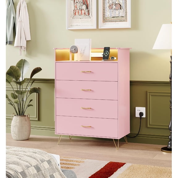 4-Drawer Wooden Dresser with Charging Station & RGB Lights, Modern Chest of Drawers with App Control, Large Storage Cabinet for Bedroom, Living Room, Closet, Pink