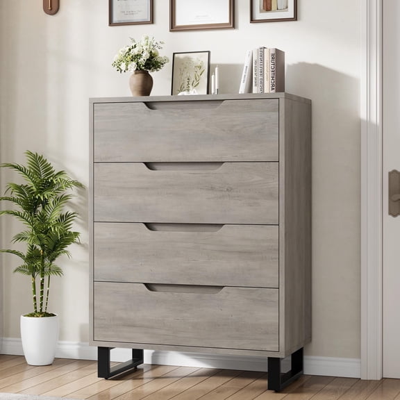 4-Drawer Wooden Dresser, Freestanding Storage Closet Chest for Bedroom Living Room Hallway Entryway - Grey
