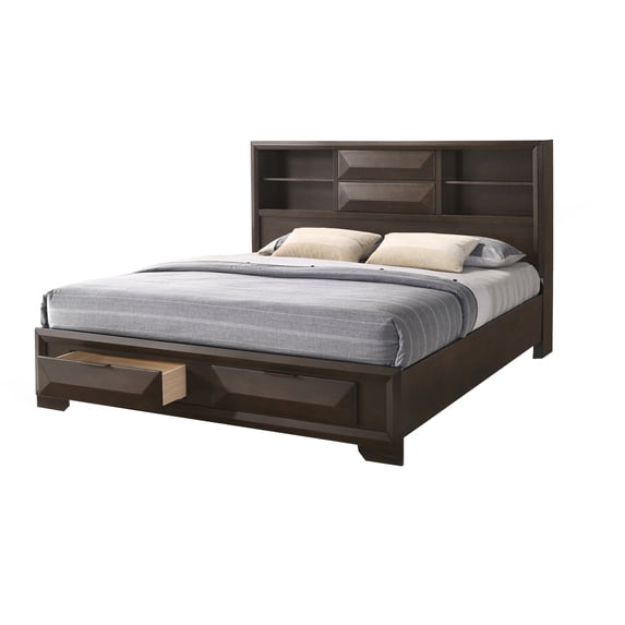 4 Drawer Wooden Eastern King Bed with Metal Pulls, Brown