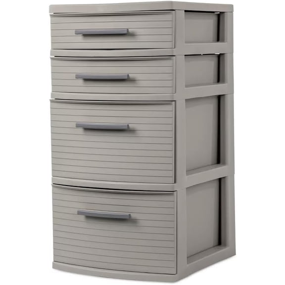 4 Drawer Woven Tower Organizer, Dark Grey Plastic Storage Organizer, Portable Multifunction Drawer, 12.62 x 15 x 24 Inches