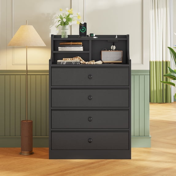 4 Drawers Bedroom Dresser,Black Dresser with Power Outlets,Dresser with Drawers for Hallway,Chest of Drawers for Living Room,Tall Nightstand with Fabric Drawers & Hutch ,PU Finish