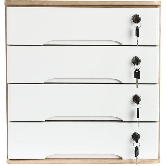 4-Drawers Desk Storage Box with Lock, Desktop Wooden Storage Organizer, Wood Storage Shelf Rack, Night Stand Table Organizer, Stackable Wooden Tool Box for Home Office