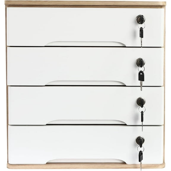 4-Drawers Desk Storage Box with Lock, Desktop Wooden Storage Organizer, Wood Storage Shelf Rack, Night Stand Table Organizer, Stackable Wooden Tool Box for Home Office