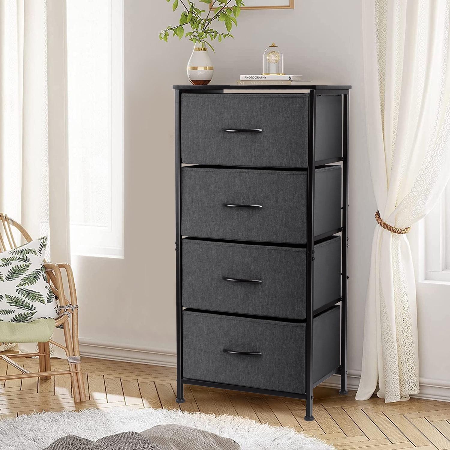 4 Drawers Dresser for Bedroom, Vesteel Fabric Chest of Drawers Tall Storage Tower with Wood Top and Sturdy Steel Frame, Storage Organizer Unit for Closet, Living Room, Hallway - Black