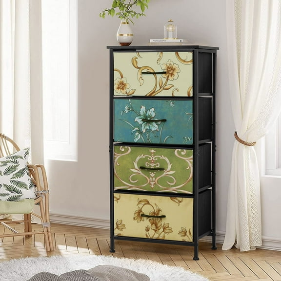 4 Drawers Dresser for Bedroom, Vesteel Fabric Chest of Drawers Tall Storage Tower with Wood Top and Sturdy Steel Frame, Storage Organizer Unit for Closet /Living Room /Hallway - Retro Floral