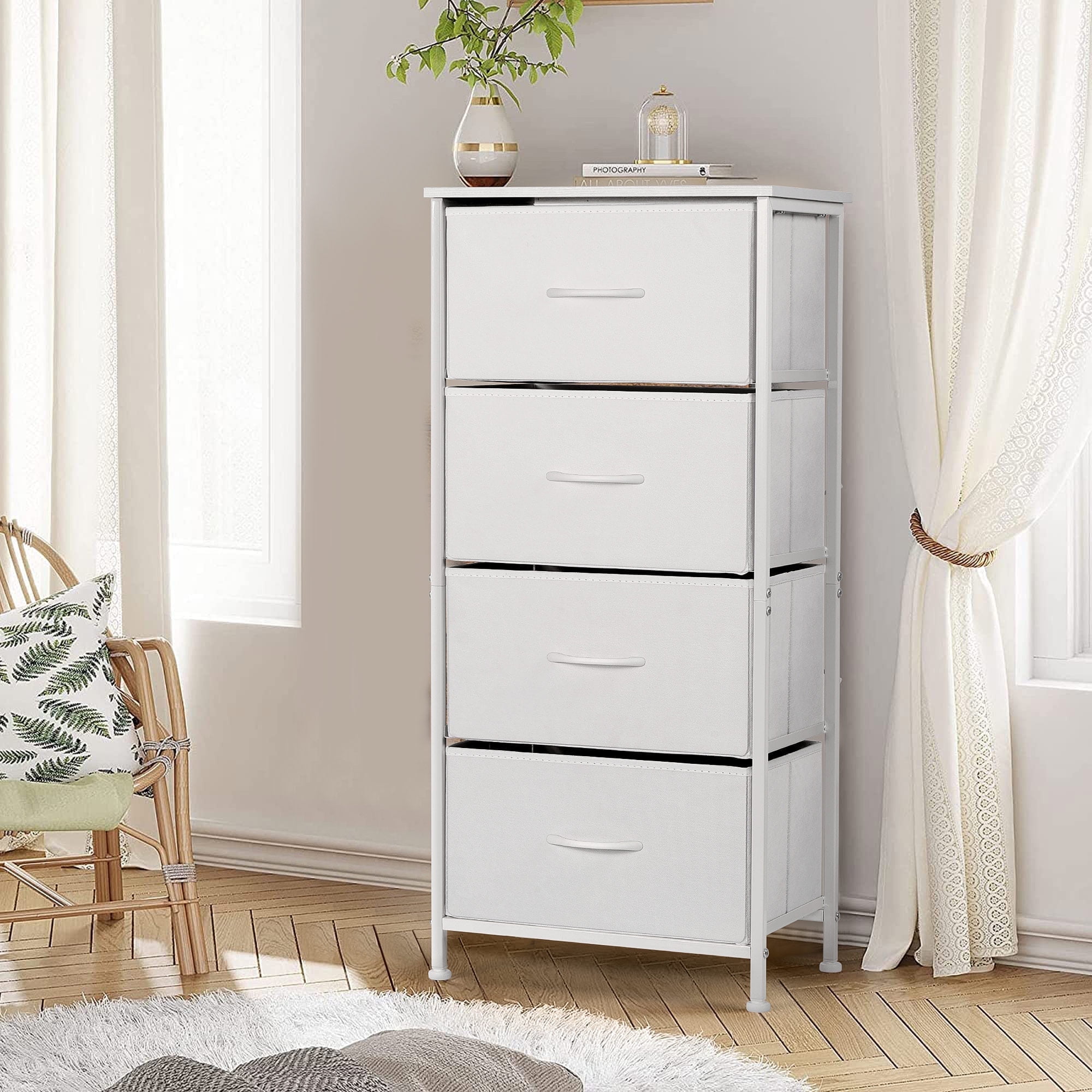 4 Drawers Dresser for Bedroom, Vesteel Fabric Chest of Drawers Tall Storage Tower with Wood Top and Sturdy Steel Frame, Storage Organizer Unit for Closet, Living Room, Hallway - White