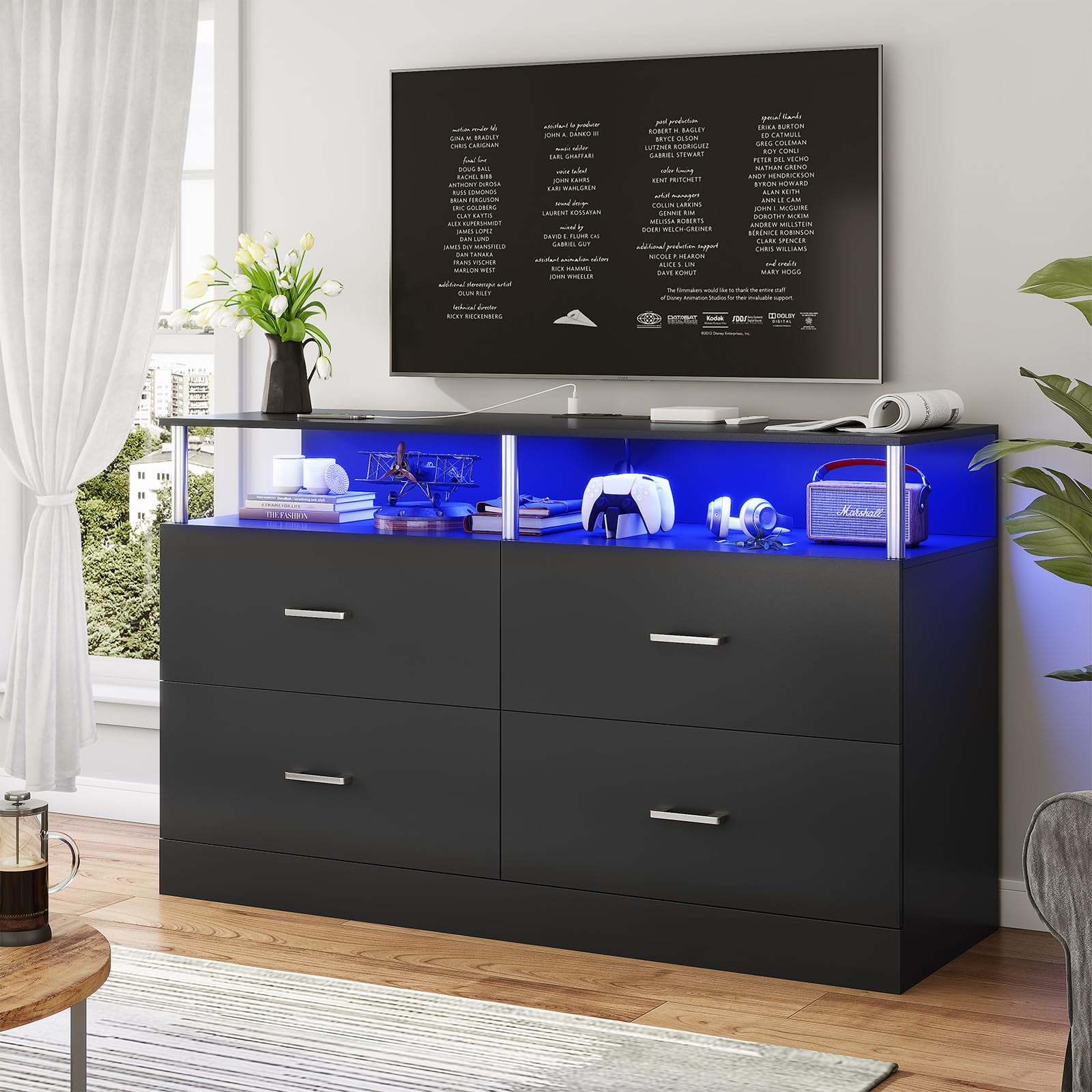 4 Drawers Dresser, Modern Bedroom LED Dressers with Column Design and