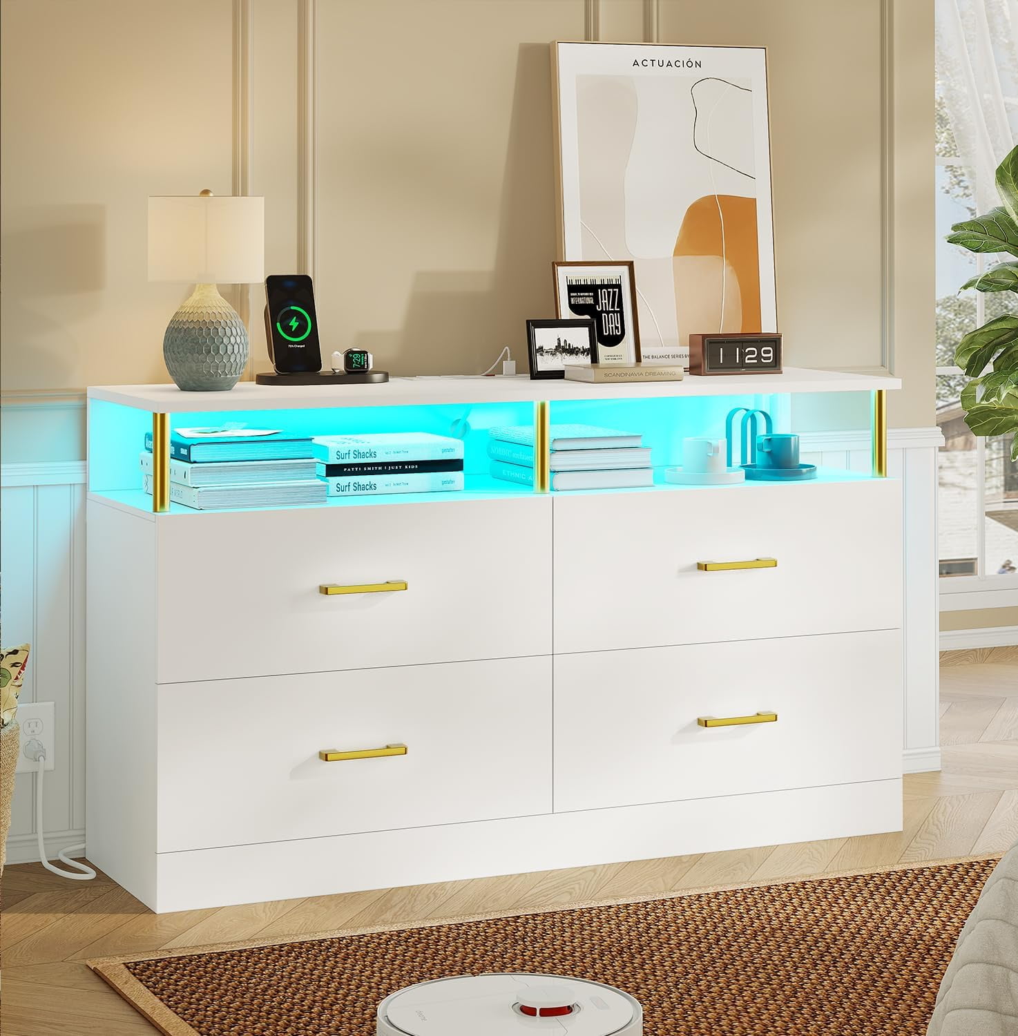 4 Drawers Dresser, Modern LED Dressers with Column Design and Charging