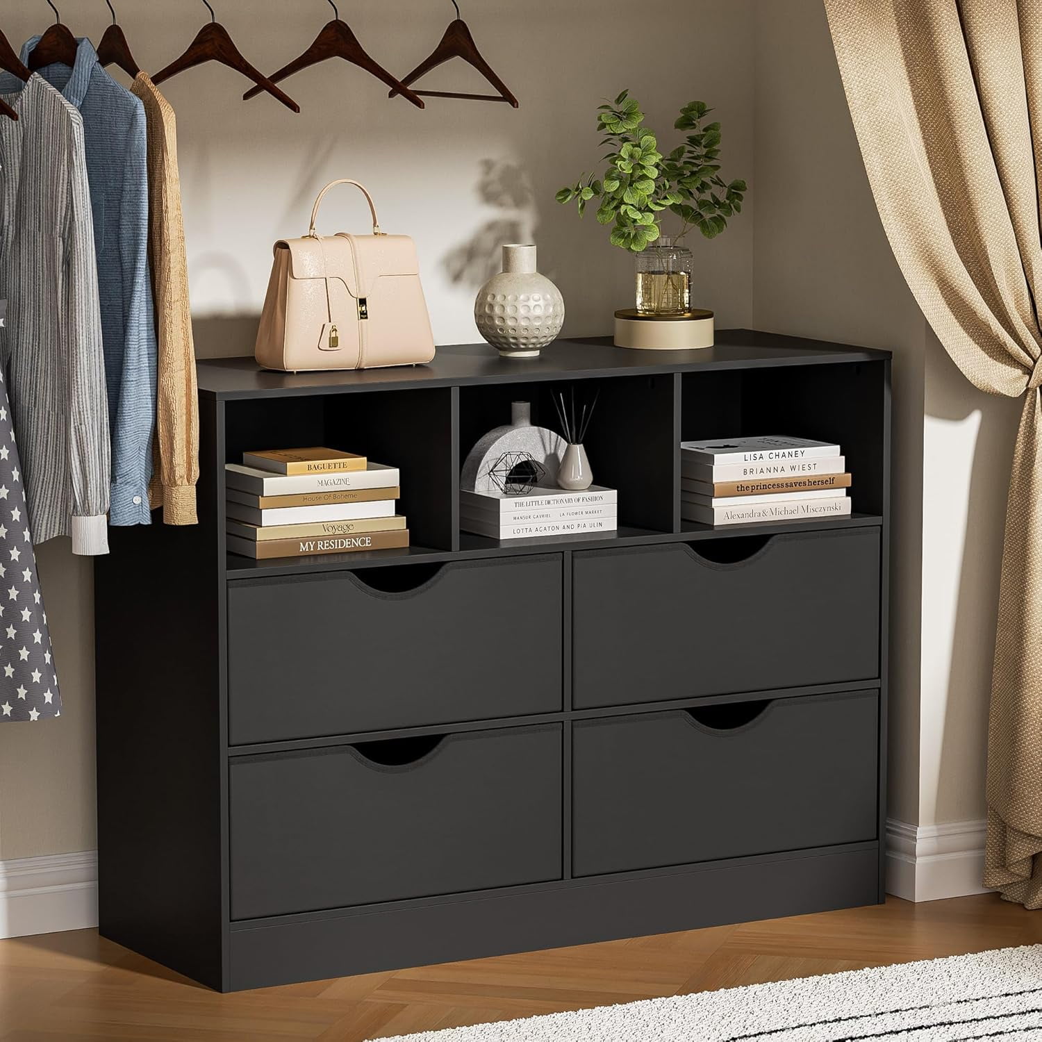 4 Drawers Dresser with Open Cube, Black Chest of Drawers, Dresser for ...