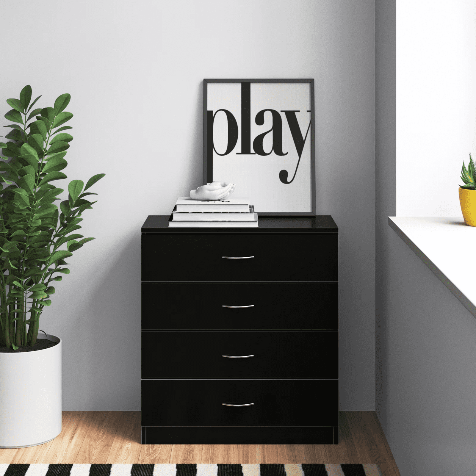 4 Drawers Dresser, Wooden Black Chester Drawer, Modern Bedside ...