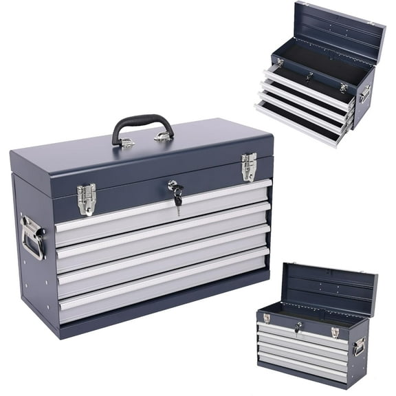 4 Drawers Metal Tool Box, 21" Portable Steel Tool Chest w/Key Lock & Latch Closure, Multi-Function Top Storage Tray Toolbox w/Powder Coating & Ball Bearing Slides for Garage (Antique Grey)