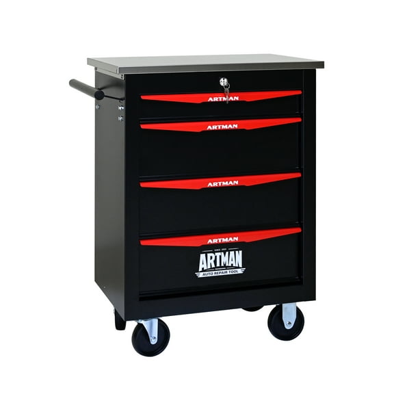 4 Drawers Multifunctional Tool Cart with Wheels,Metal Rolling Tool Cart Storage for Garage Workshop Warehouse Repair Shop--With Stainless Steel Roof- BLACK&RED