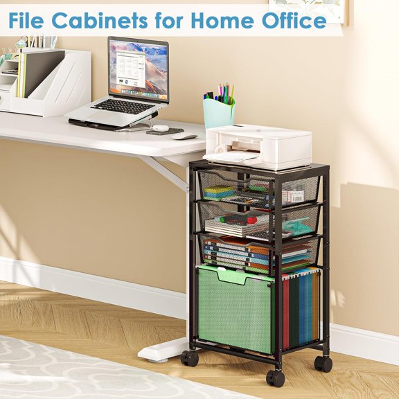 4 Drawers Rolling File Cart, Under Desk Mobile Filing Cabinet with Wheels, File Cabinets for Home Office, Hanging File Folder Organizer Utility Craft Cart Printer Stand, Black$$Furniture