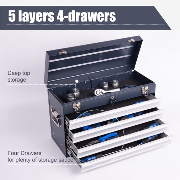 Excelo 21" 4-Drawer Portable Tool Chest, 300 lb Heavy-Duty Lockable Steel Tool Box with EVA-Lined Drawers for Garage & Workshop,Grey