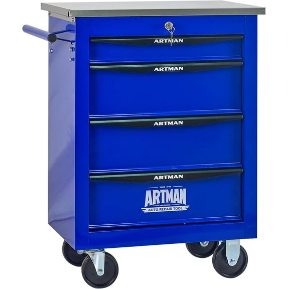 4 Drawers Tool Cart on Wheels, Stainless Steel Countertop Multifunctional Rolling Tool Storage Chest, Drawer Rolling Trolley Organizer Tool Box for Garage,Workshop(4 Drawers-Blue)