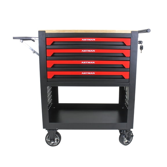 4 Drawers Tool Cart With Wheels And Wooden Top