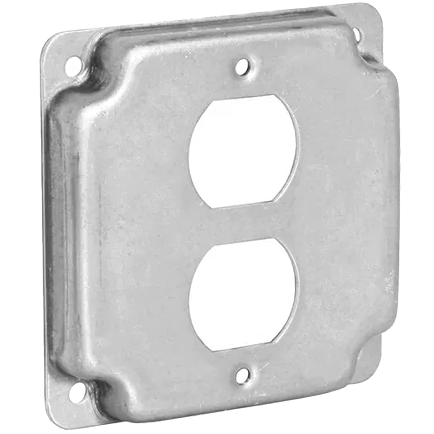 4" Duplex Receptacle Electrical Box Cover, 1/2" Raised, Exposed Work, Galvanized Steel, Crushed